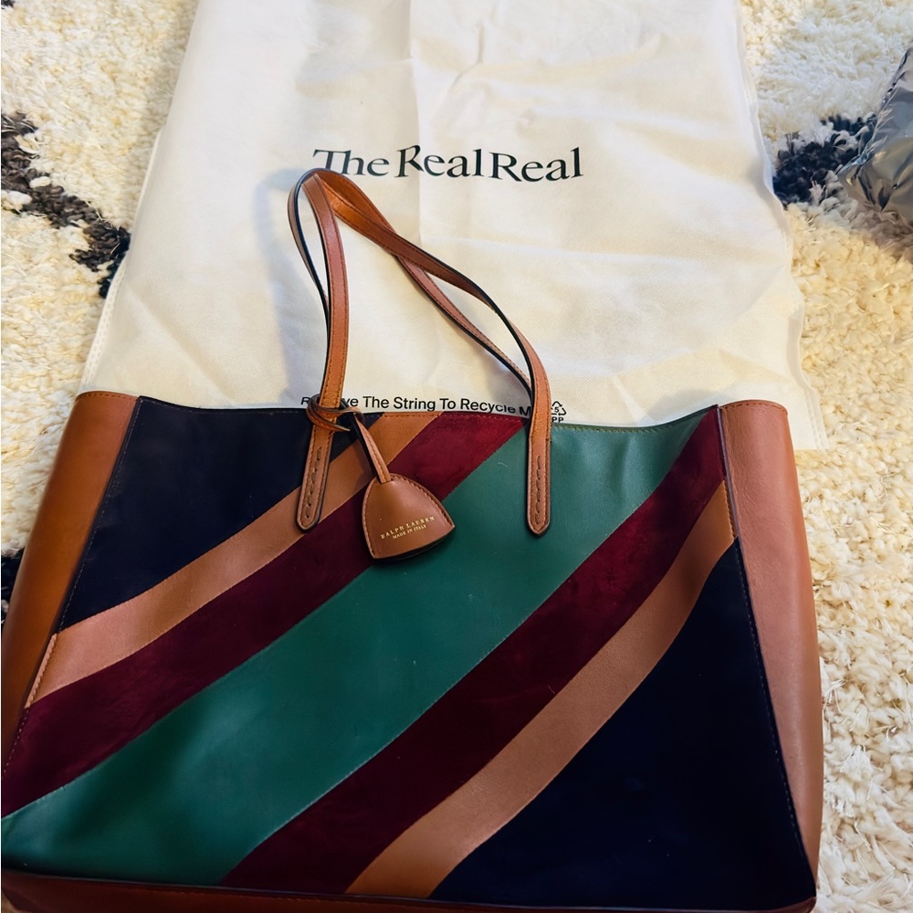 Authentic Ralph Lauren Made In Italy Tote Bag Suede & Leather Diagonal Stripe
